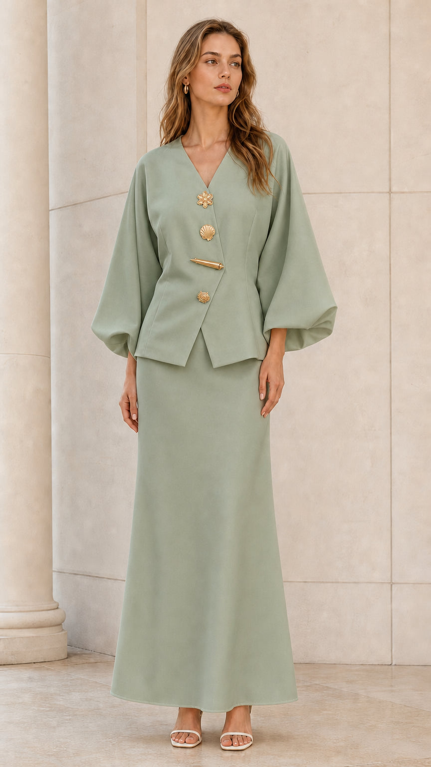 Front view of model wearing sage green lantern sleeve top and maxi skirt set with gold buttons