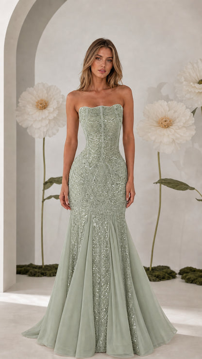 Front view of strapless sage green sequin formal evening dress