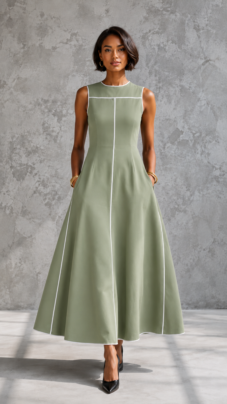 Front view of sage green sleeveless A-line dress with contrast piping