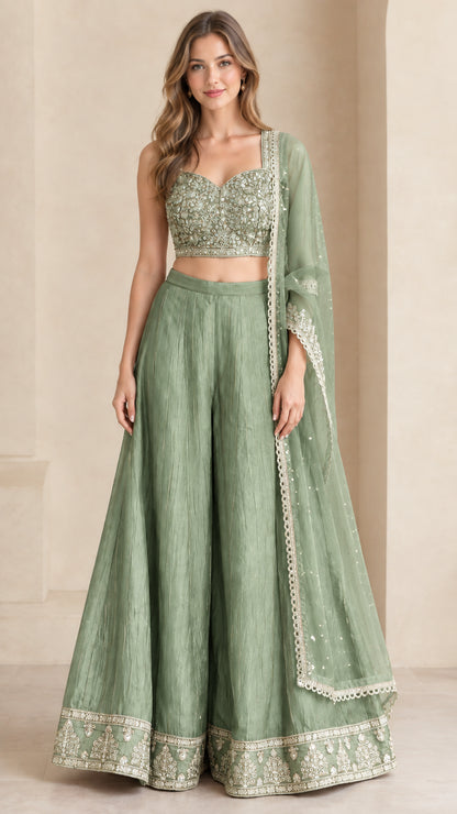 Sage green festive crop top and flared palazzo set with sheer drape