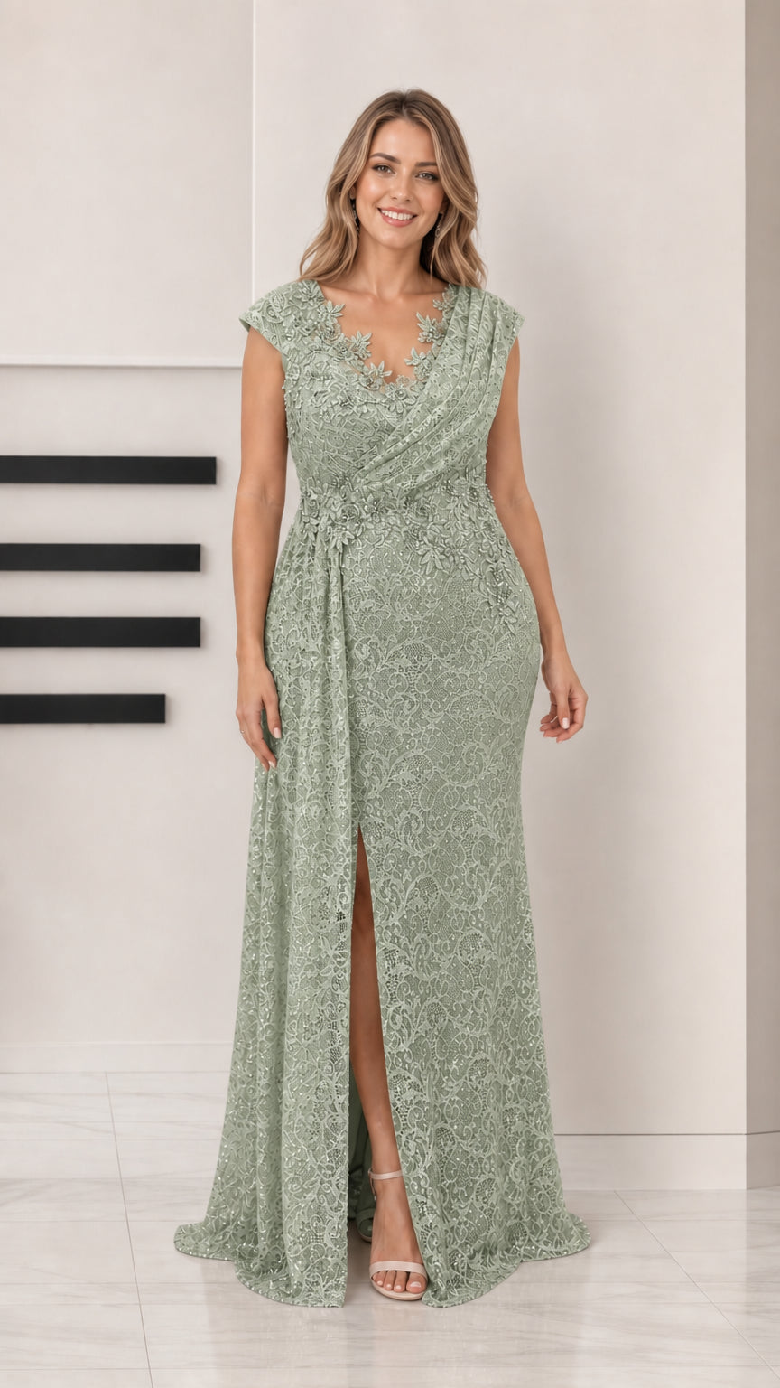 Front view of woman wearing sage green sequin lace evening gown with draped front slit