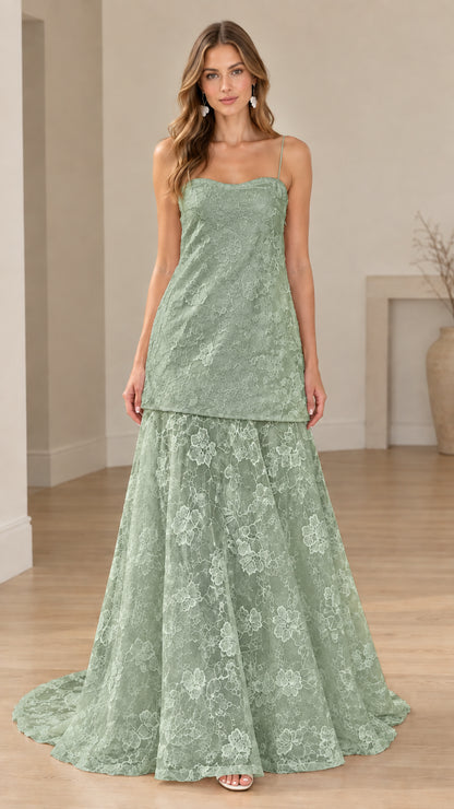 Front view of sage green floral lace drop-waist formal gown