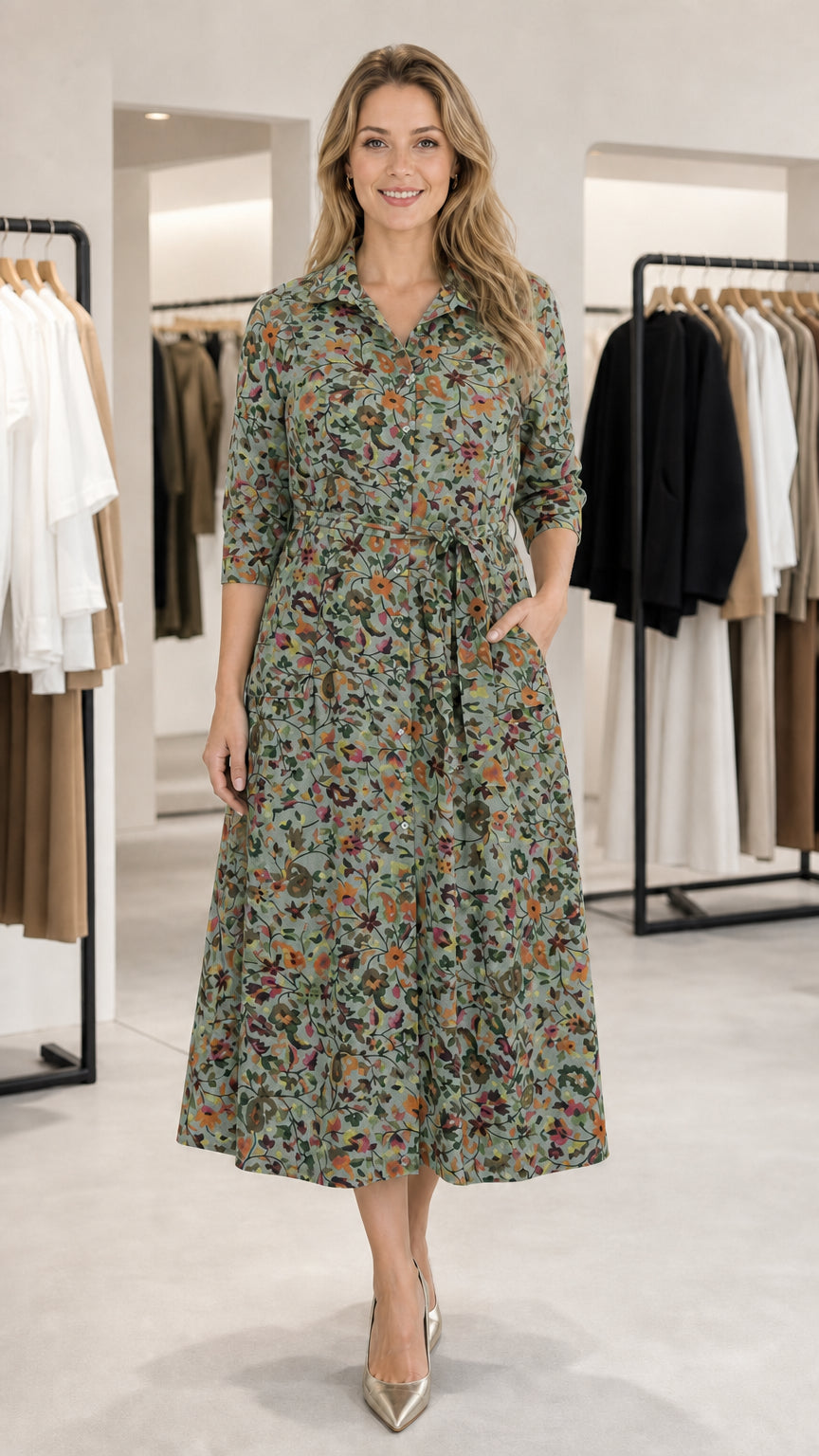 Front view of model wearing Sage Green Floral 3/4 sleeve midi shirt dress