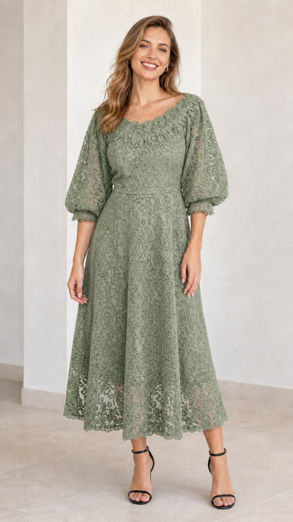 Sage green floral lace puff sleeve midi dress front view