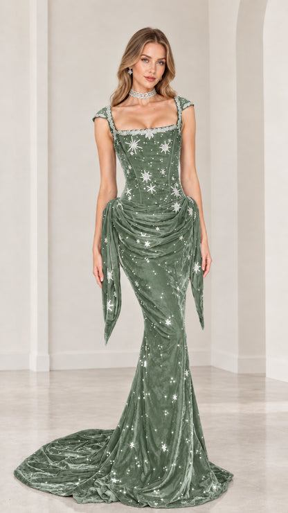 Sage green starry velvet mermaid gown with hip drapes