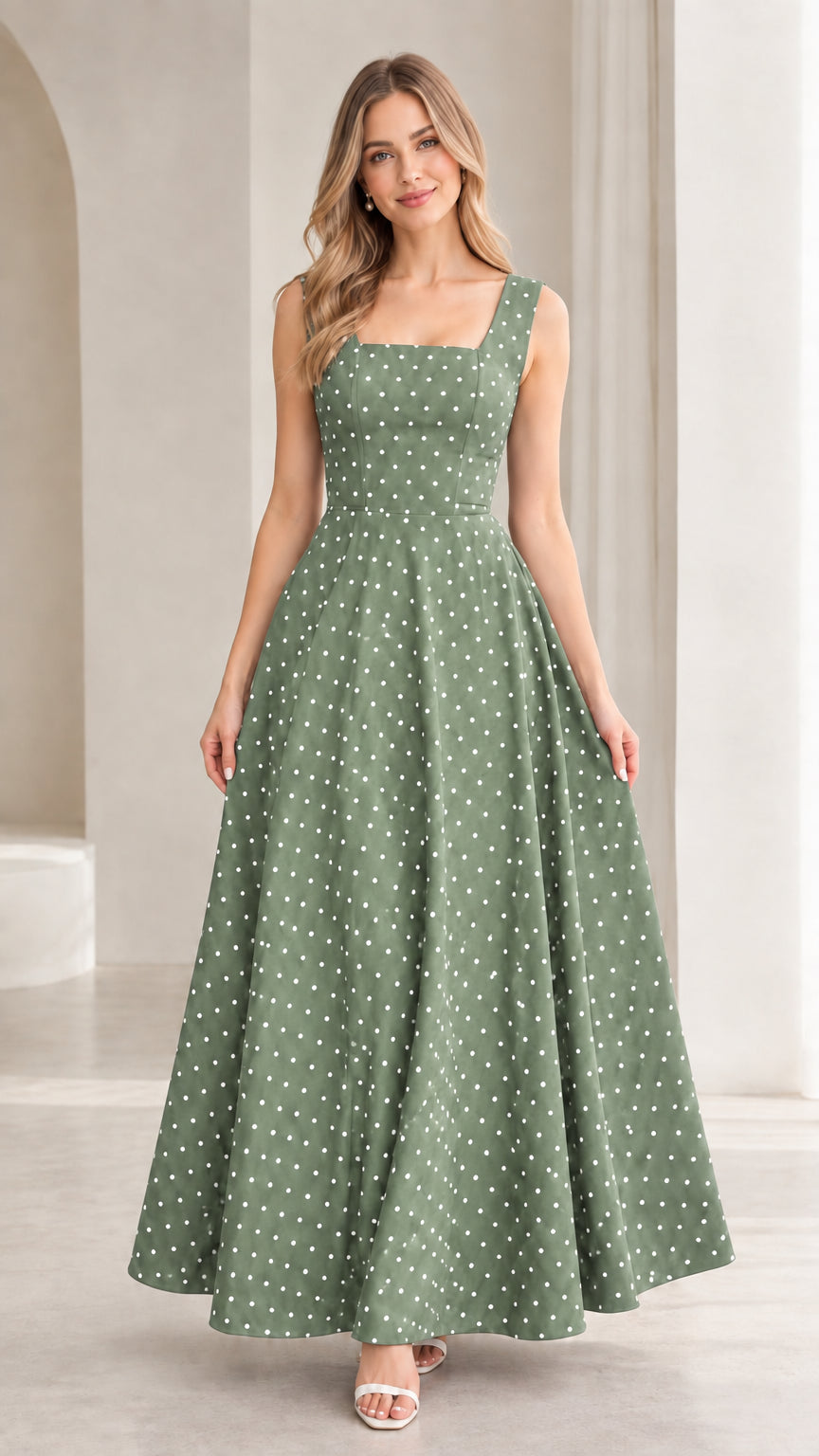 Model wearing sage green polka dot square neck sleeveless maxi dress