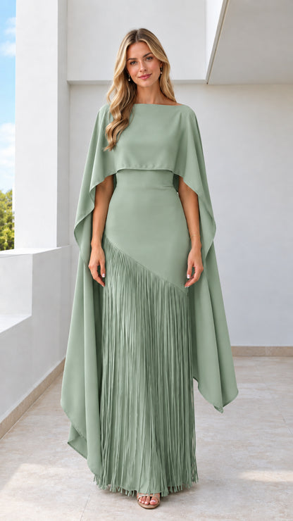 Sage green capelet maxi gown with diagonal fringe trim