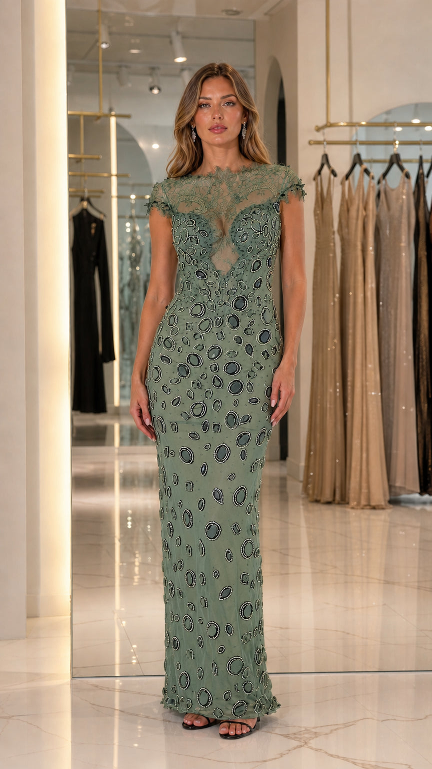 Sage green illusion lace floor-length embellished evening dress