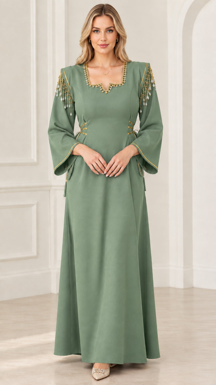 Front view of sage green beaded fringe shoulder maxi dress