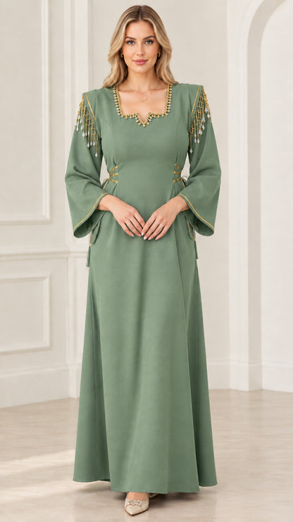 Front view of sage green beaded fringe shoulder maxi dress