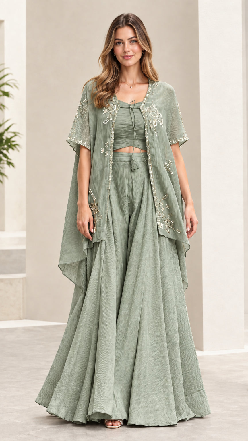 Sage green 3-piece embroidered cape and palazzo pants set