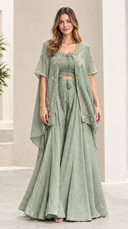 Sage green 3-piece embroidered cape and palazzo pants set