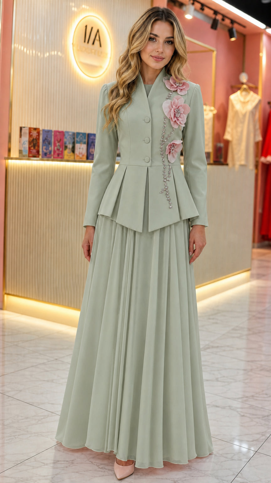 Front view of sage green peplum jacket and pleated maxi skirt evening set