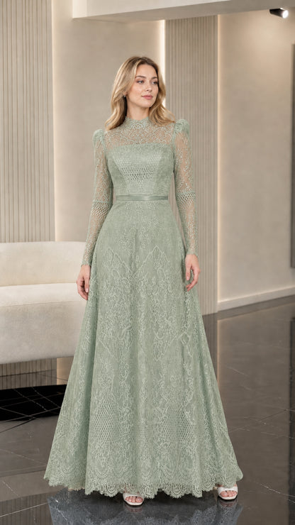 Full front view of sage green lace formal evening gown
