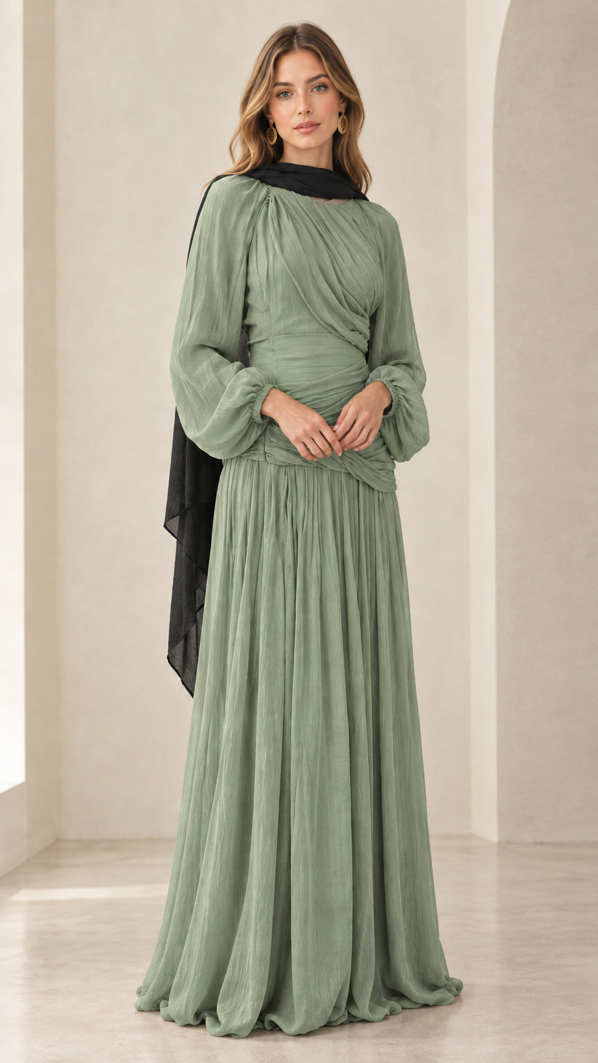 Front view of sage green pleated long sleeve evening dress