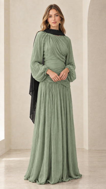 Front view of sage green pleated long sleeve evening dress