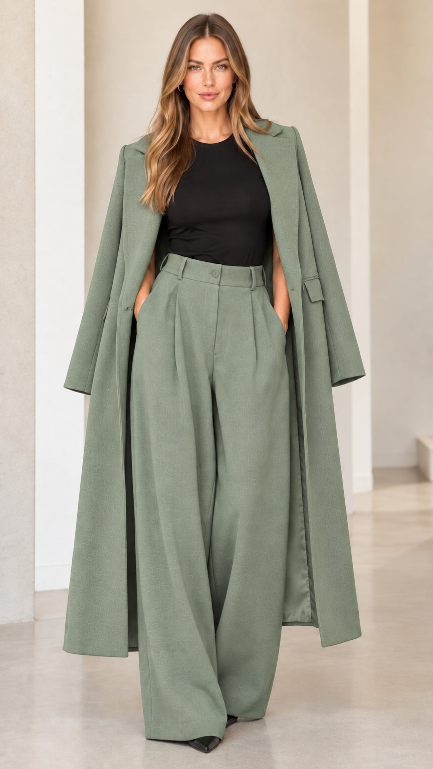 Sage Green longline cape coat and matching tailored wide leg pants