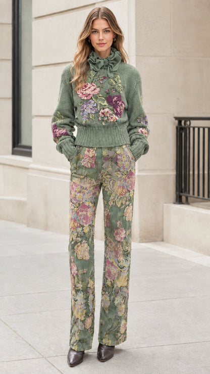 Model wearing Sage Green floral embroidered sweater and wide-leg trousers set