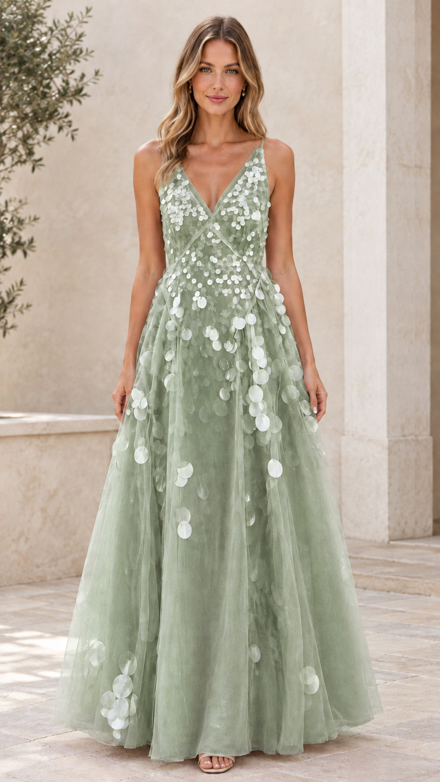 Sage green V-neck tulle maxi formal gown with dimensional petals
