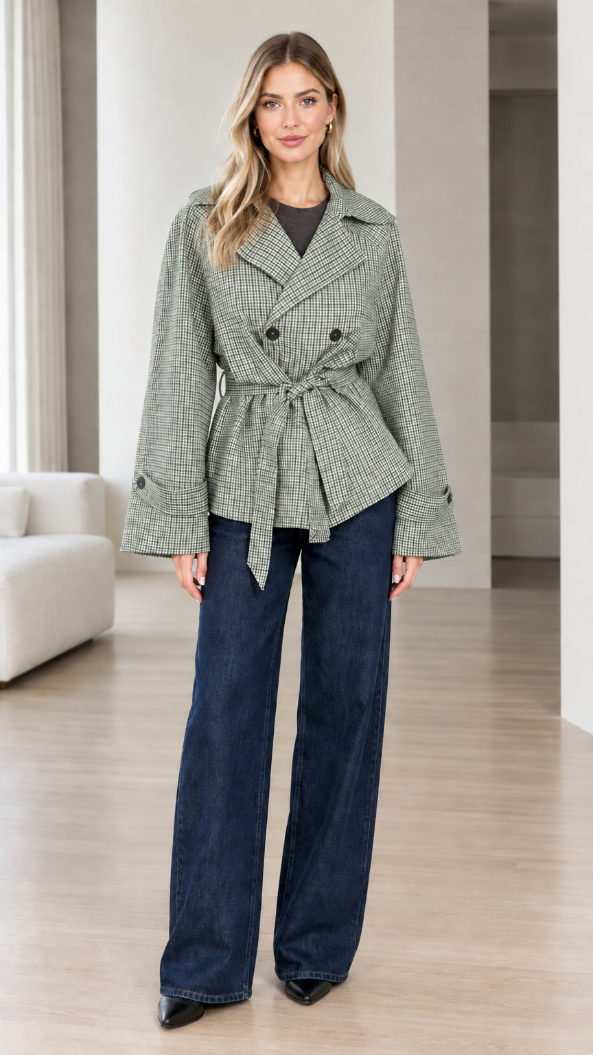 Model wearing sage green plaid belted jacket with wide-leg jeans