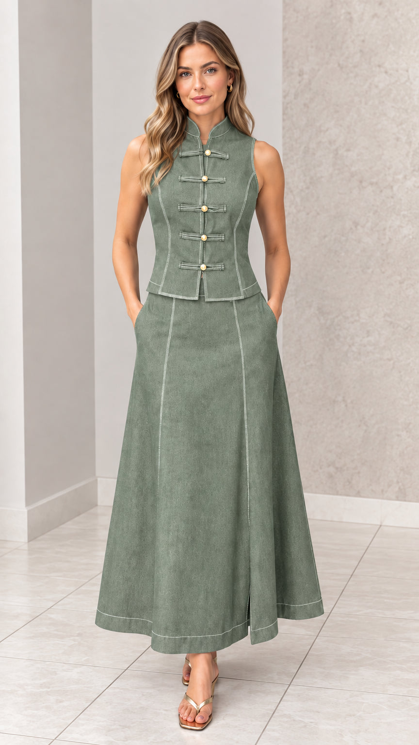 Front full-length view of woman wearing sage green mandarin collar vest and maxi skirt set