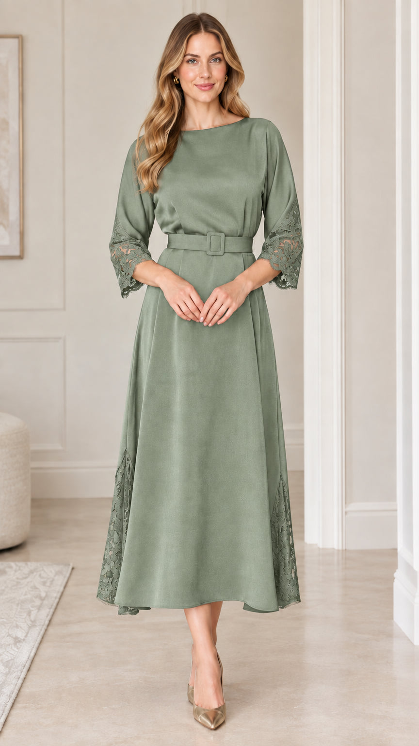 Full front view of sage green belted A-line midi dress with lace cuffs