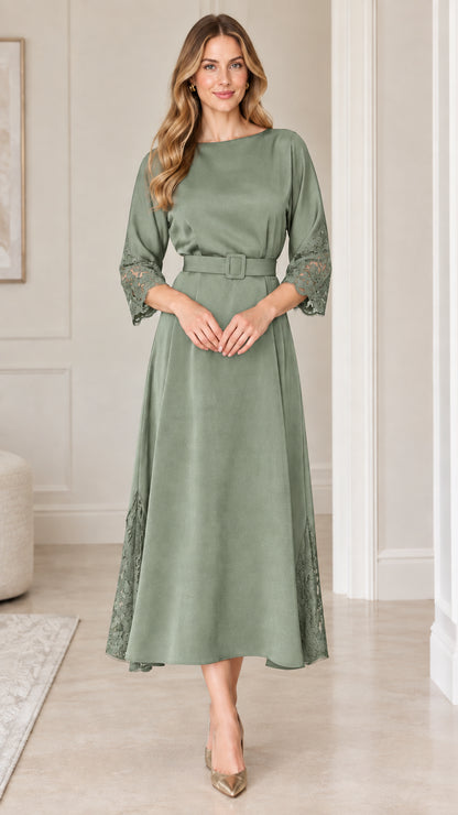 Full front view of sage green belted A-line midi dress with lace cuffs