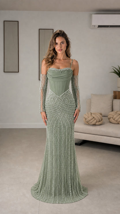 Sage green embellished corset mermaid gown with matching sleeves - Front view