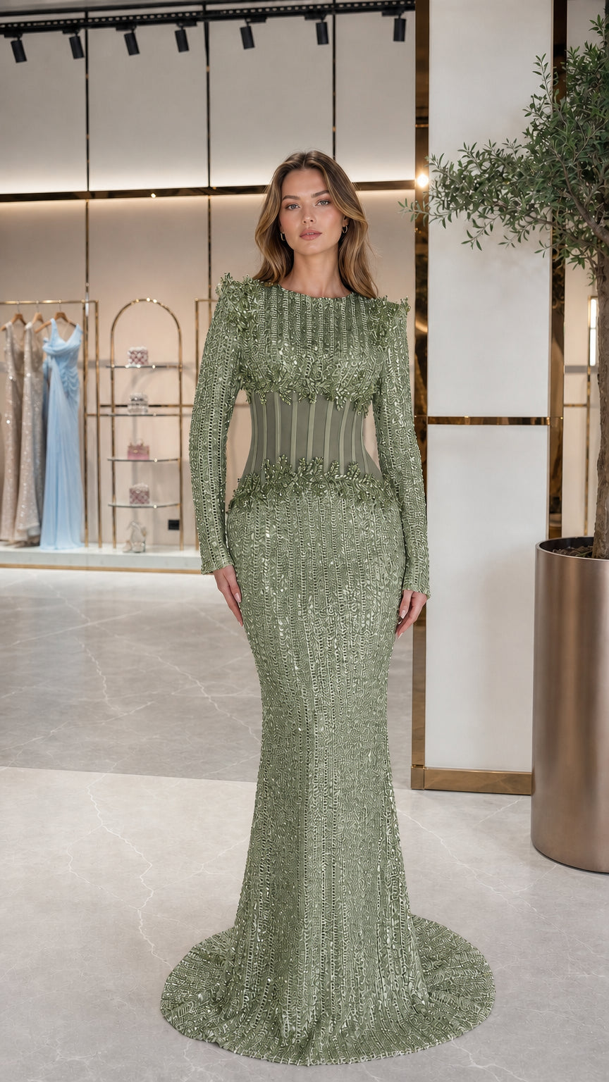 Front view of Sage Green long sleeve sequin gown with illusion corset waist