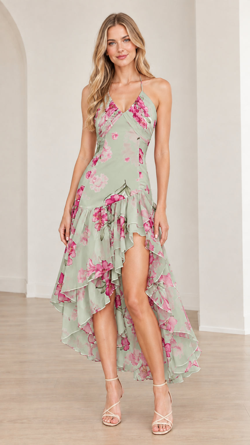 Front view of Sage Green floral print ruffle high-low maxi dress