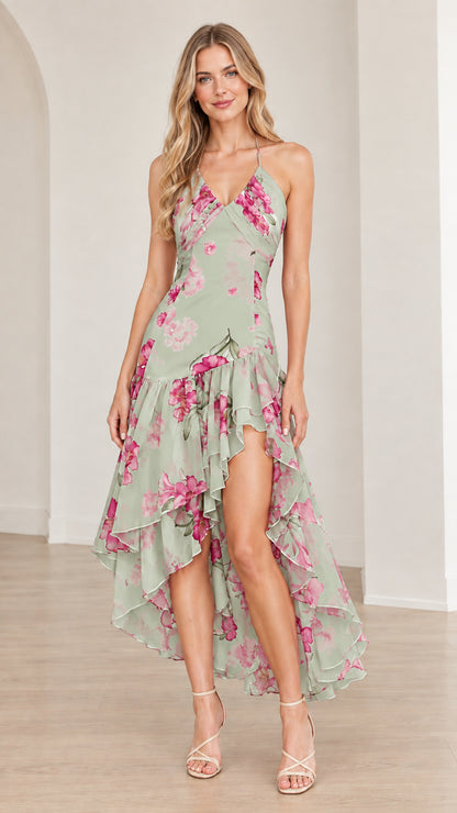 Front view of Sage Green floral print ruffle high-low maxi dress