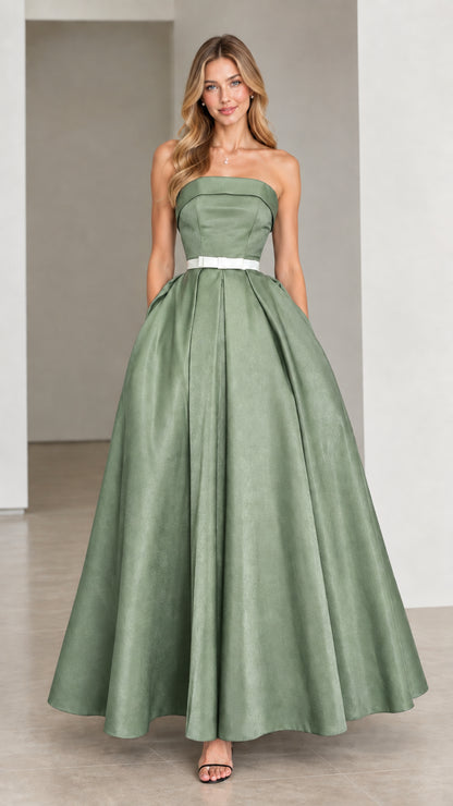 Sage green strapless satin ball gown with contrast waist detail