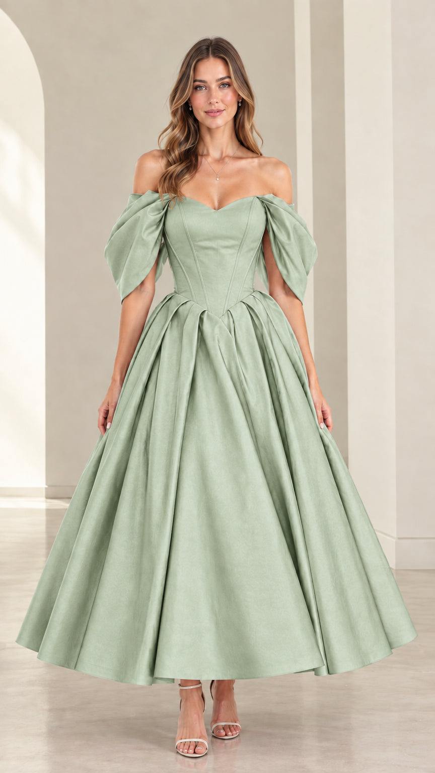 Front view of model wearing Sage Green off-the-shoulder pleated evening gown