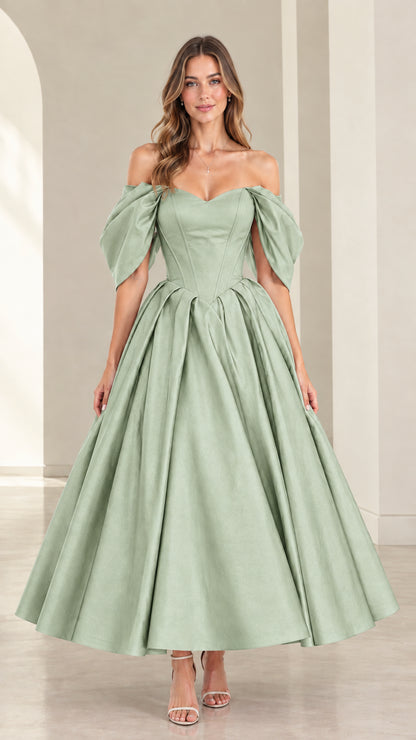 Front view of model wearing Sage Green off-the-shoulder pleated evening gown