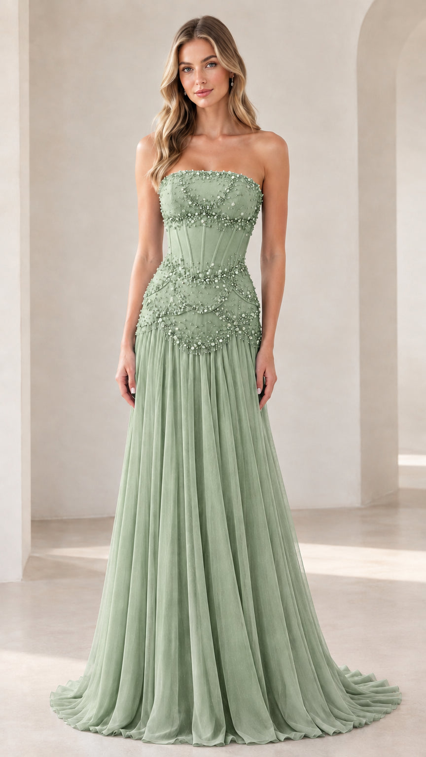 Model wearing sage green strapless corset pleated maxi dress