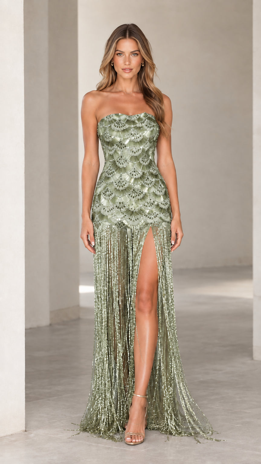 Model wearing Sage Green strapless sequin fringe floor-length gown