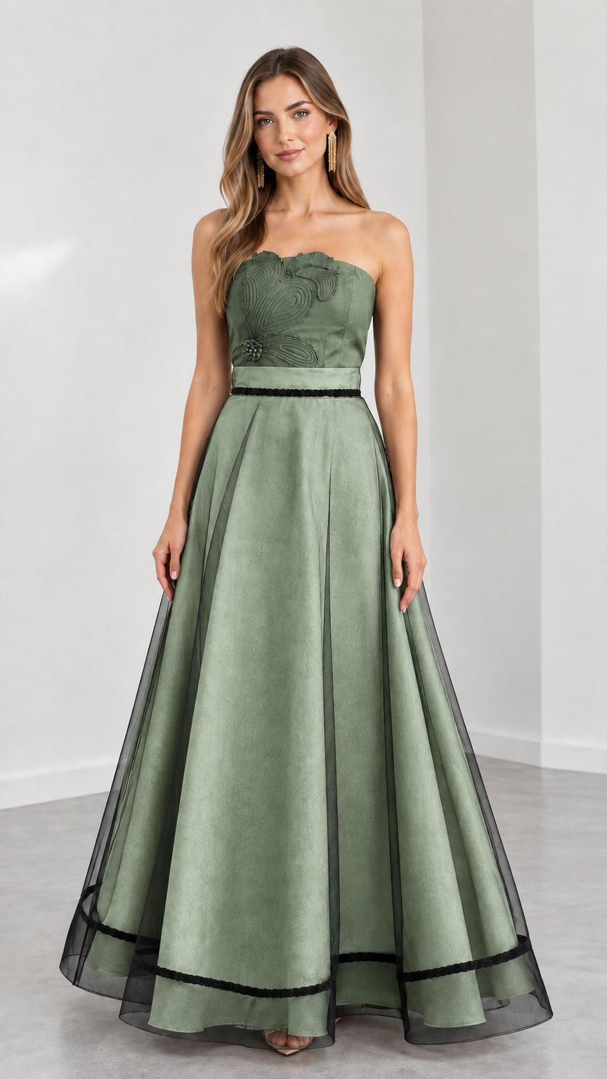 Model wearing Sage Green strapless embroidered formal maxi dress
