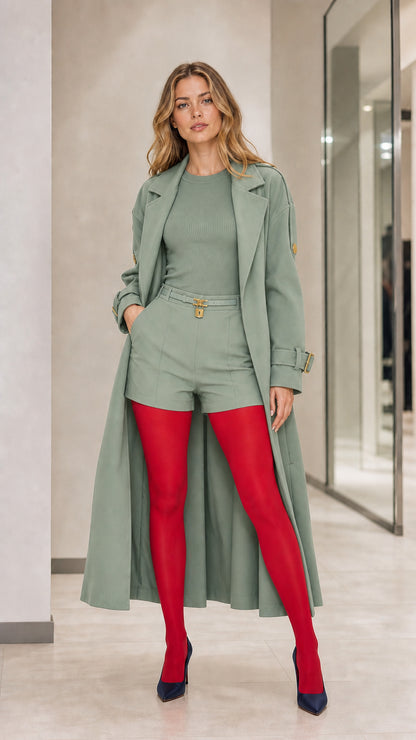 Full front view of model wearing Sage Green longline belted trench coat
