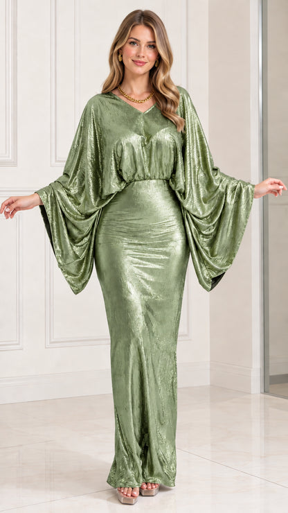 Model wearing sage green metallic batwing sleeve formal maxi dress