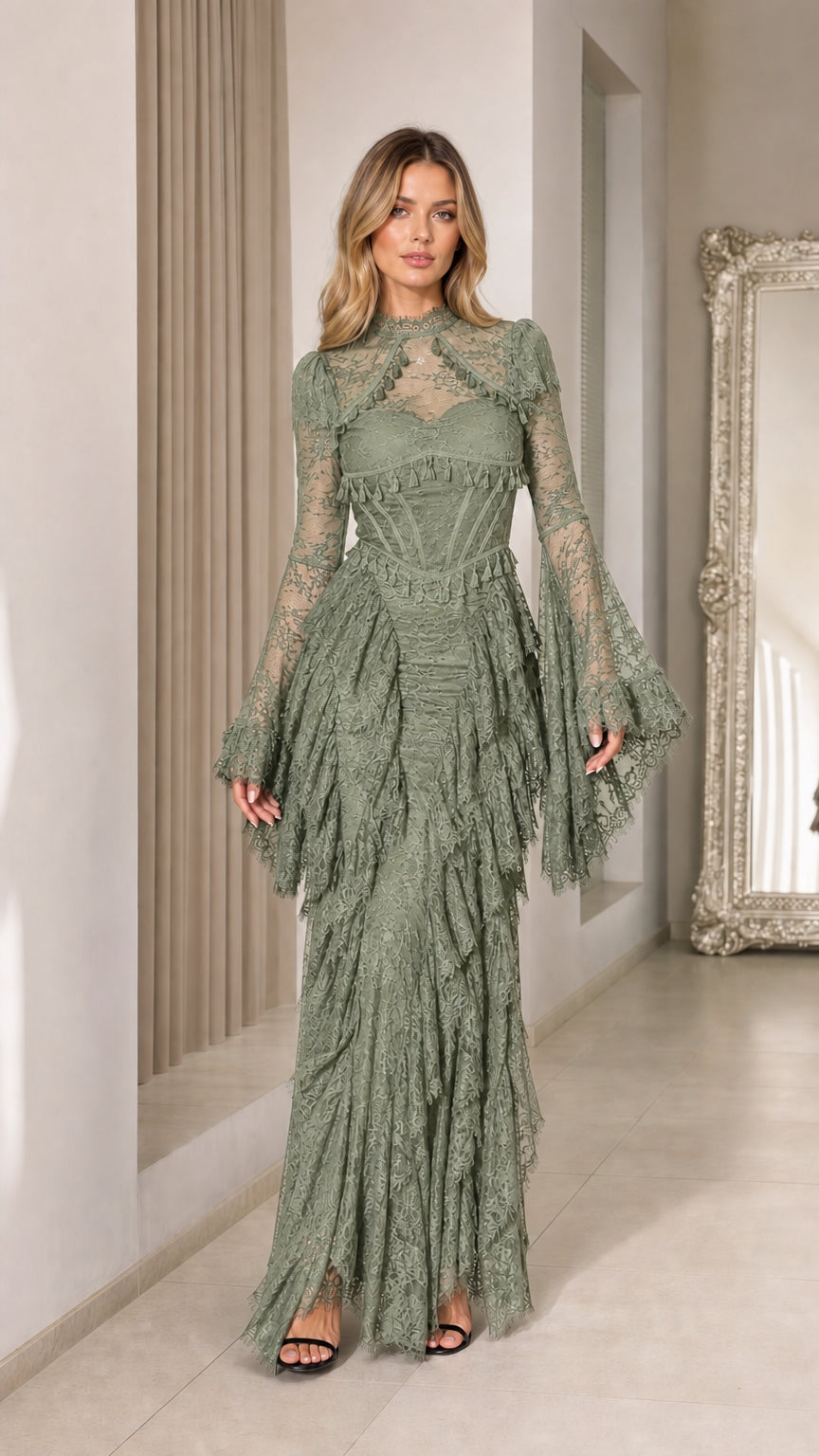 Full-length view of sage green lace corset maxi dress with bell sleeves