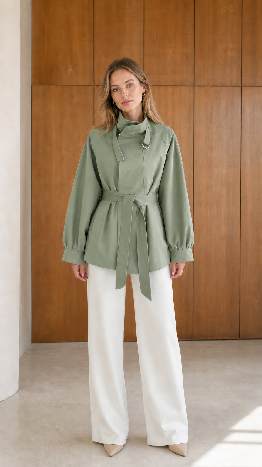 Model wearing sage green high neck belted short trench coat