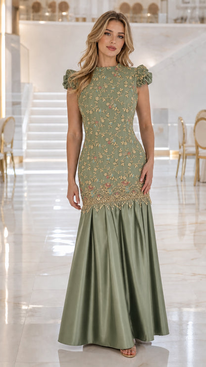 Sage green embroidered mermaid evening dress with ruffled cap sleeves