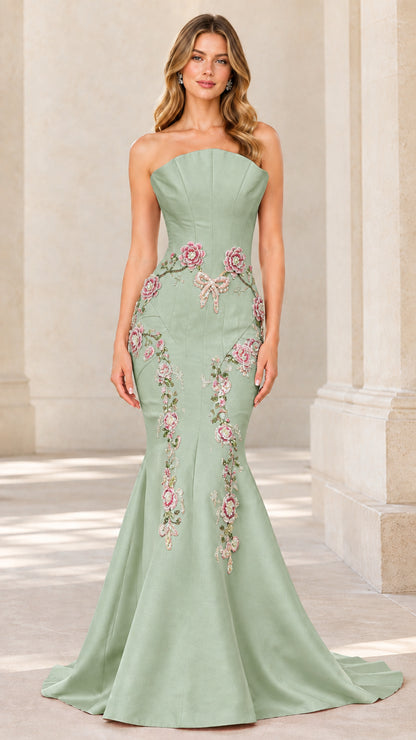 Front view of sage green strapless floral embroidered mermaid formal gown