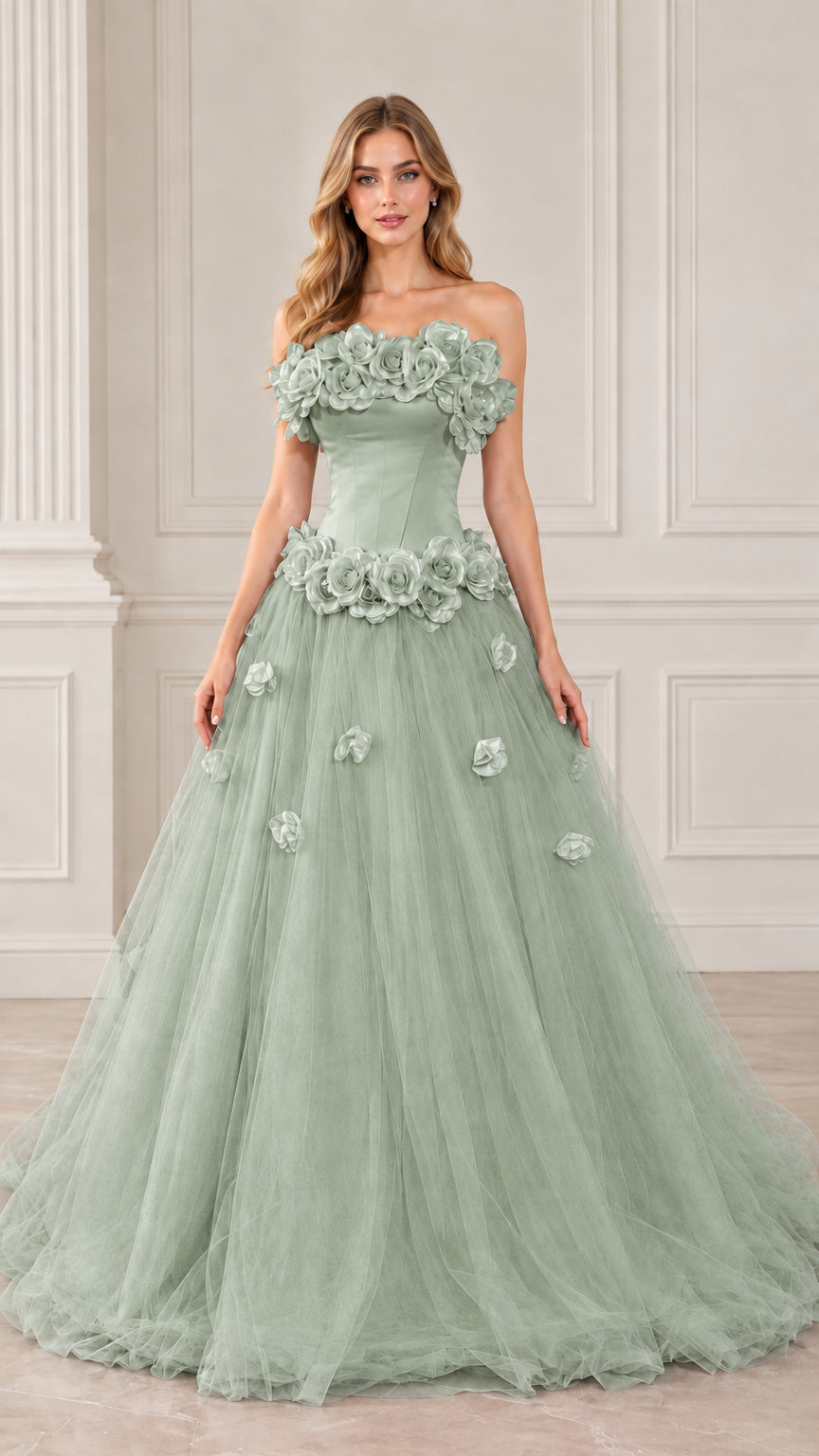 Full front view of sage green strapless 3D floral rosette tulle evening gown