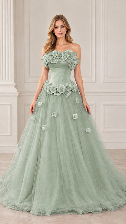 Full front view of sage green strapless 3D floral rosette tulle evening gown