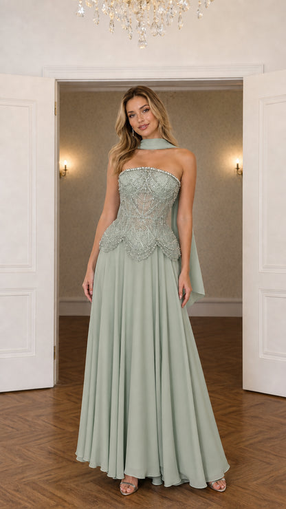 Sage green strapless formal gown with crystal beaded corset bodice
