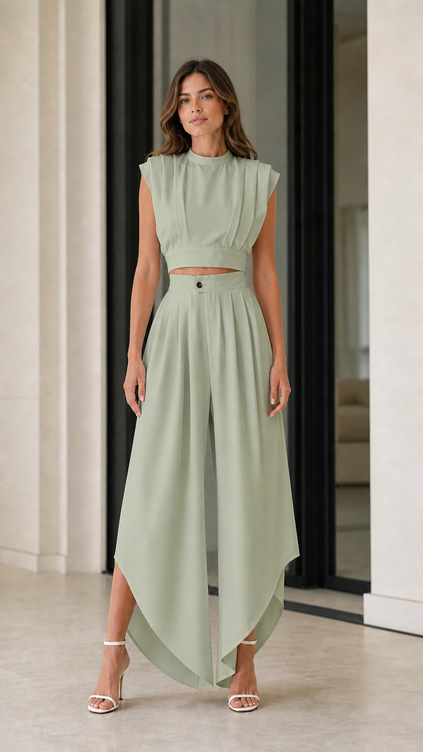 Sage green sleeveless pleated crop top and flowing wide-leg pants matching set