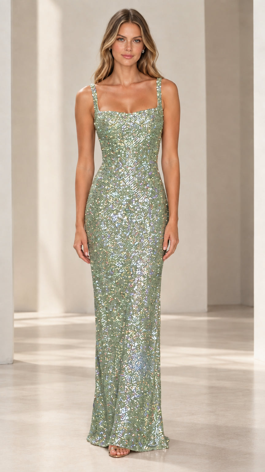 Sage green shimmering sequin square neck maxi gown