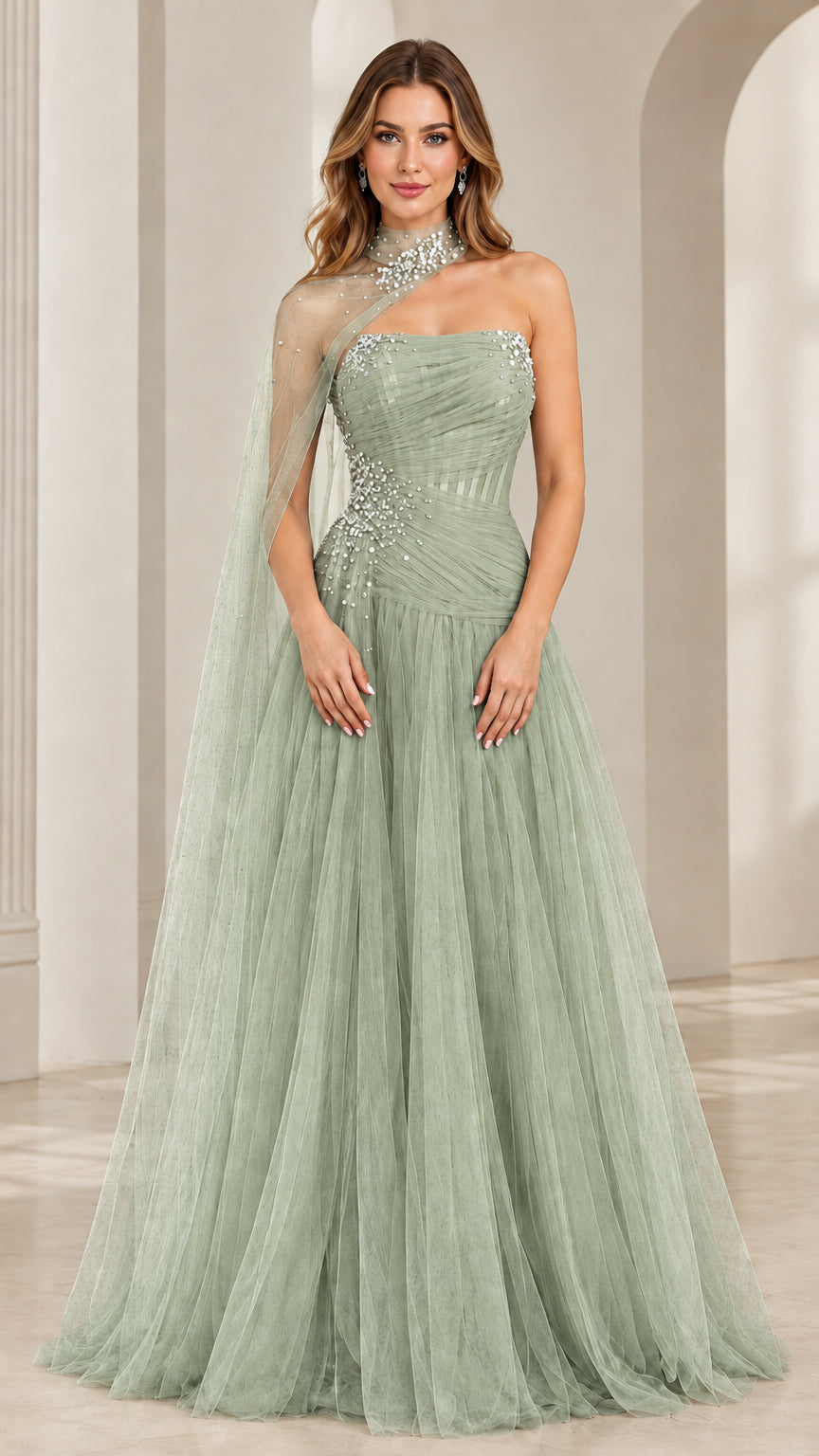 Full front view of sage green embellished tulle formal gown with cape detail