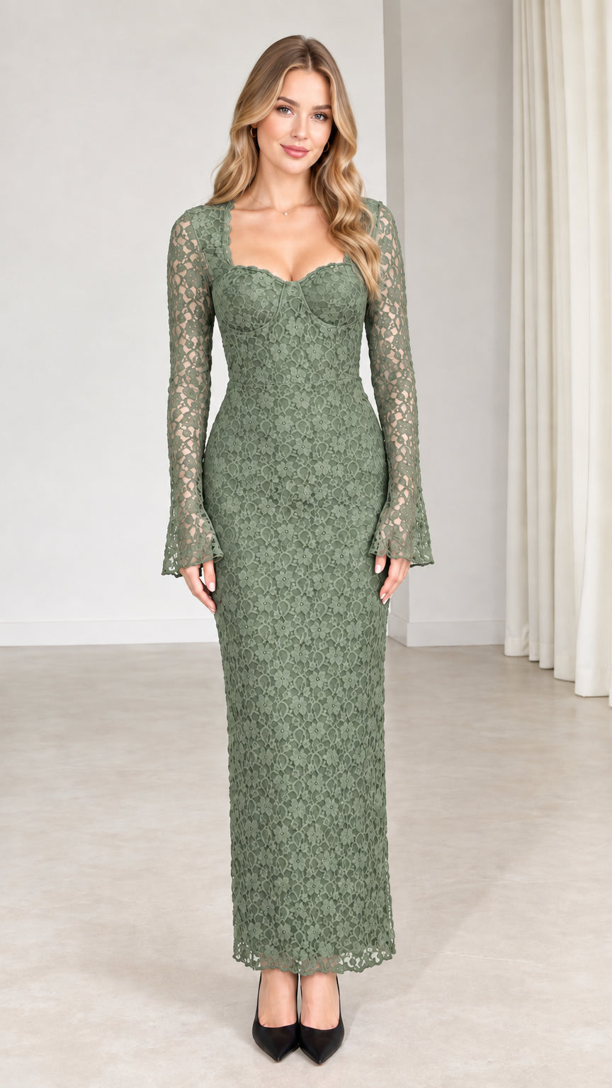 Front view of model wearing sage green floral lace evening gown